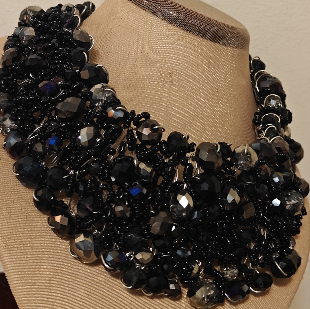 Y2K ALDO Black & Silver Wired Beaded Bib Statement Necklace